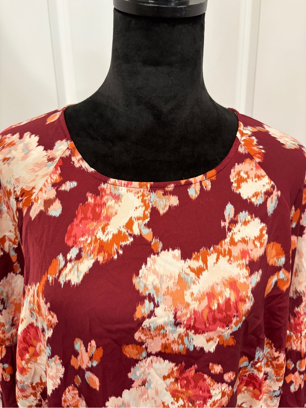 Floral Print Round Neck Blouse in Burgundy and Coral